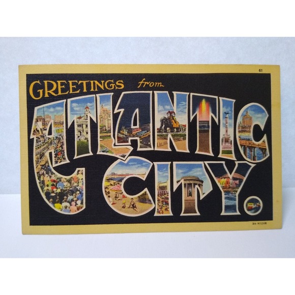 Greetings From Atlantic City New Jersey Large Letter Postcard Linen Lucy Hotels - Picture 1 of 2
